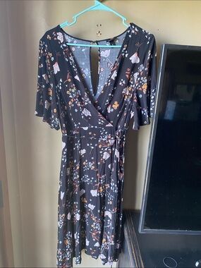 torrid Black Floral Wrap Midi Dress with Pink & Orange Blooms